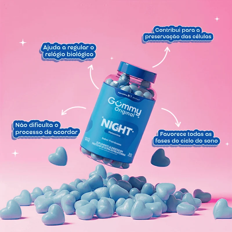 Benefícios do Gummy Night: regula o relógio biológico e favorece as fases do sono